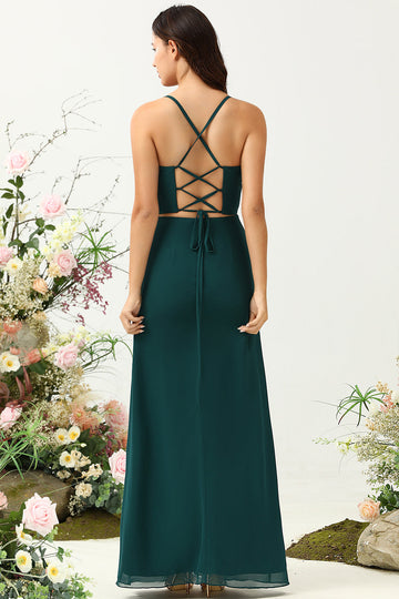 Pine A Line Corset Chiffon Bridesmaid Dress with Open Back